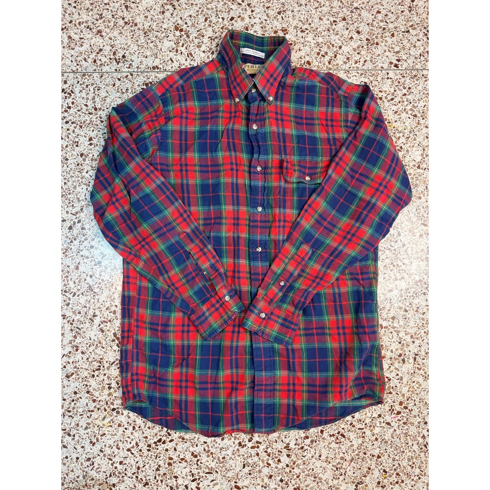 Perlis New Orleans Mens Plaid Button Down Shirt M Red Blue Green 100% Cotton USA